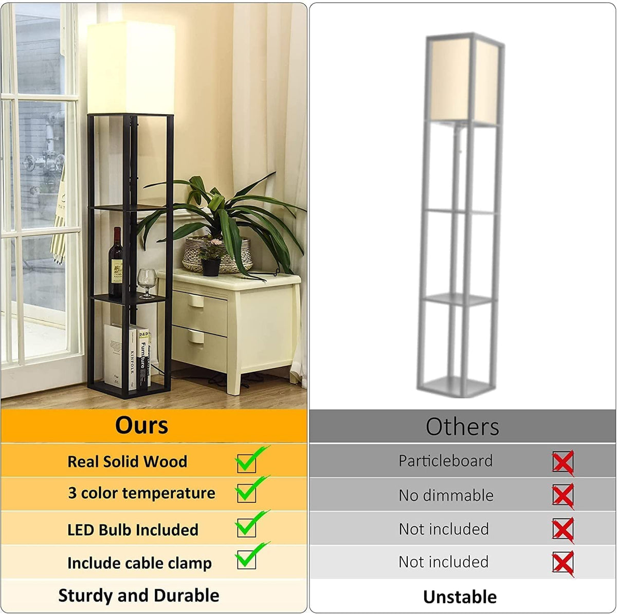 Floor Lamp with Shelves, Lamp for Living Room with Shelf, Floor Lamp Shelf, Floor Lamp with White Lamp Shade, Floor Lamps for Bedroom with Matt Black Real Solid Wood Shelf