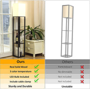 Floor Lamp with Shelves, Lamp for Living Room with Shelf, Floor Lamp Shelf, Floor Lamp with White Lamp Shade, Floor Lamps for Bedroom with Matt Black Real Solid Wood Shelf