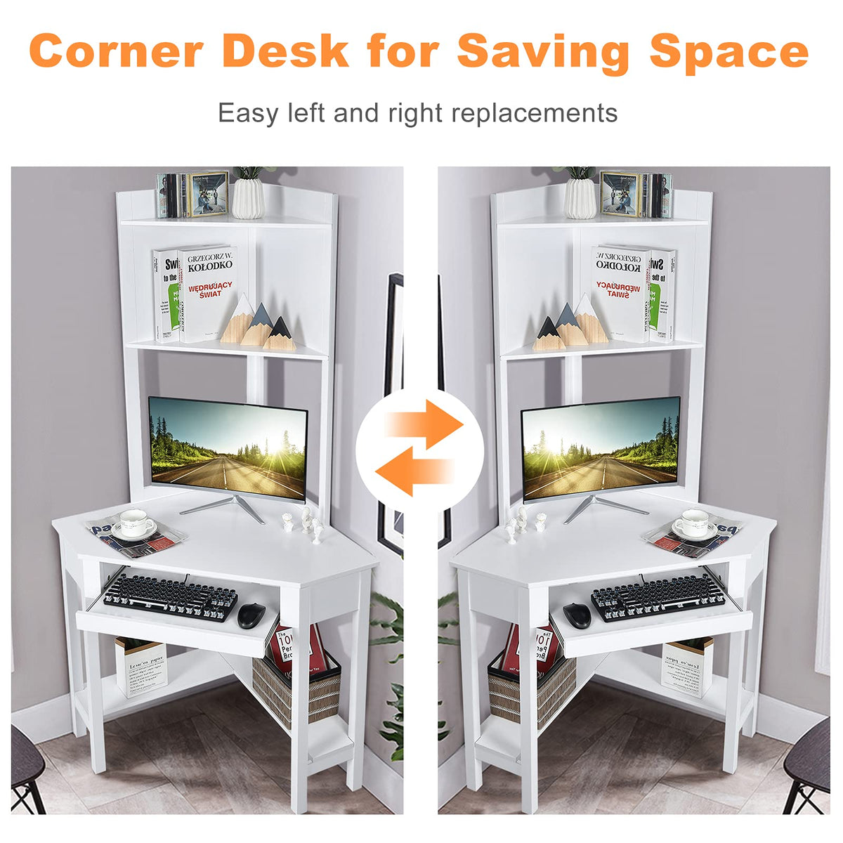 Compact Corner Computer Desk with Hutch, Keyboard Tray & Shelves