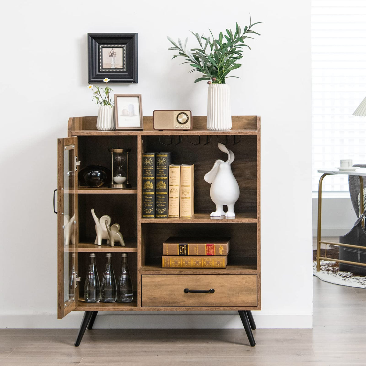 Wine Cabinet, Buffet Sideboard with Removable Wine Rack, Drawer, Shelves, Tempered Glass Door & Glass Holder, Wooden Wine Storage Sideboard for Kitchen, Dining Room, Living Room