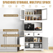 Tall Storage Cabinet, Freestanding Kitchen Pantry w/Microwave Stand & 2 Drawers, Adjustable Shelves, Tempered Glass Doors, Cable Hole for Living Room, Dining Room (White)