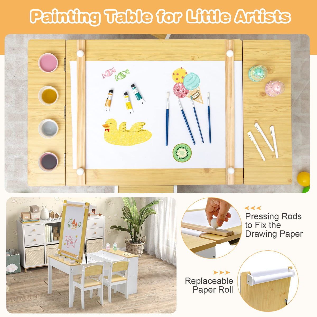 Kids Table and Chairs Set, 2 in 1 Wooden Art Table & Easel Set for Children with 2 Chairs, 6 Storage Bins, Paper Roller, Paint Box, Toddler Table Chairs Set for Playing Painting Learning