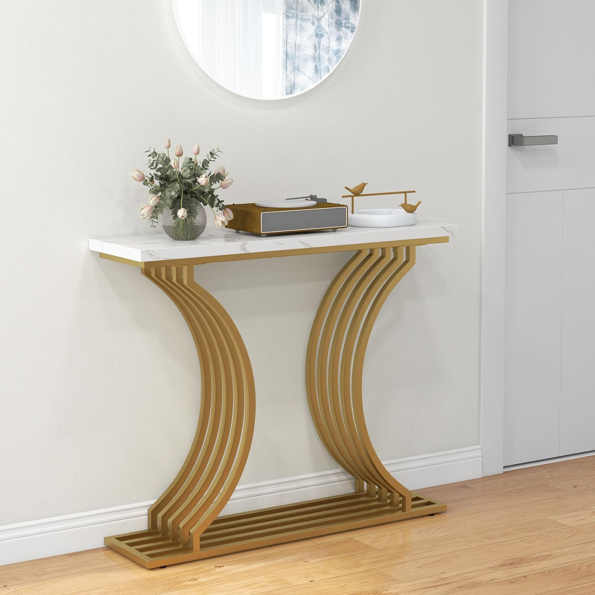 100 cm Gold Console Table with White Faux-Marble Top & Shelf