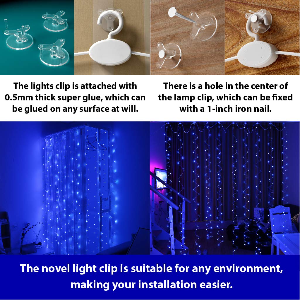 Upgrade Curtain Fairy Lights 300LED with Rotating Clips & 15 Hooks Blue 9.8x9.8Ft Led String Light, Timer & 8 Modes USB Plug-in DIY Decorative Light for Bedroom Indoor Outdoor Wedding Decor