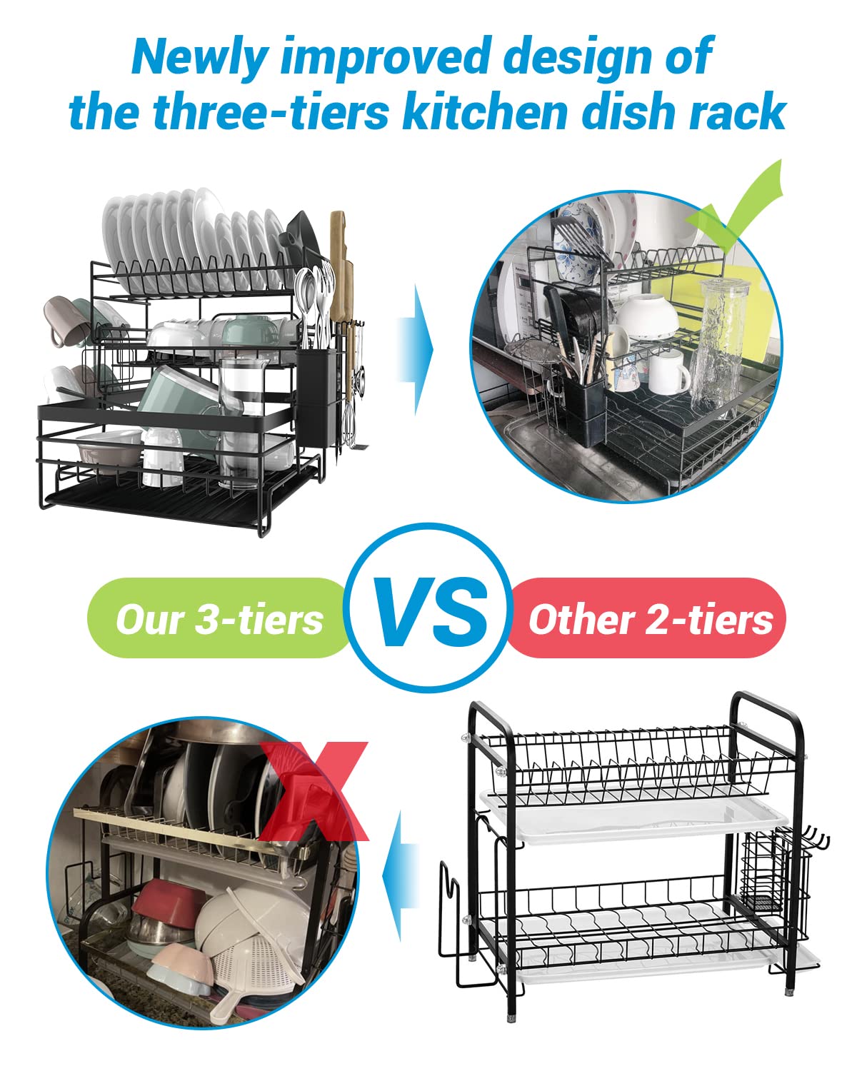 3-Tier Black Dish Rack with Removable Drip Tray & Holders