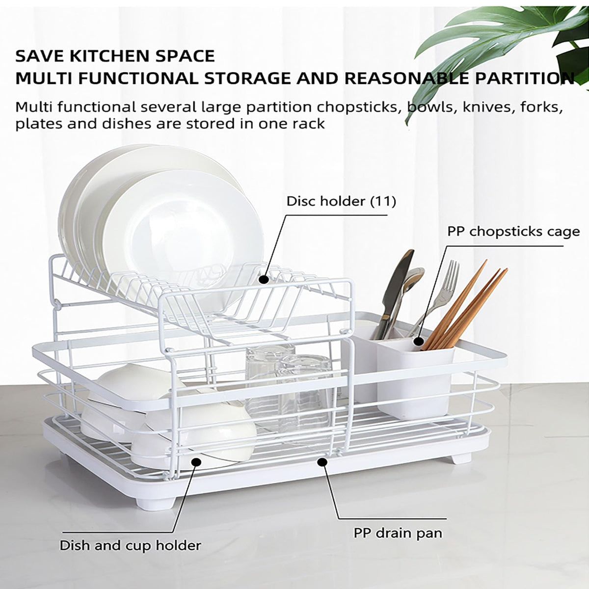 43 cm White 2-Tier Dish Drying Rack with Rotating Drain Spout