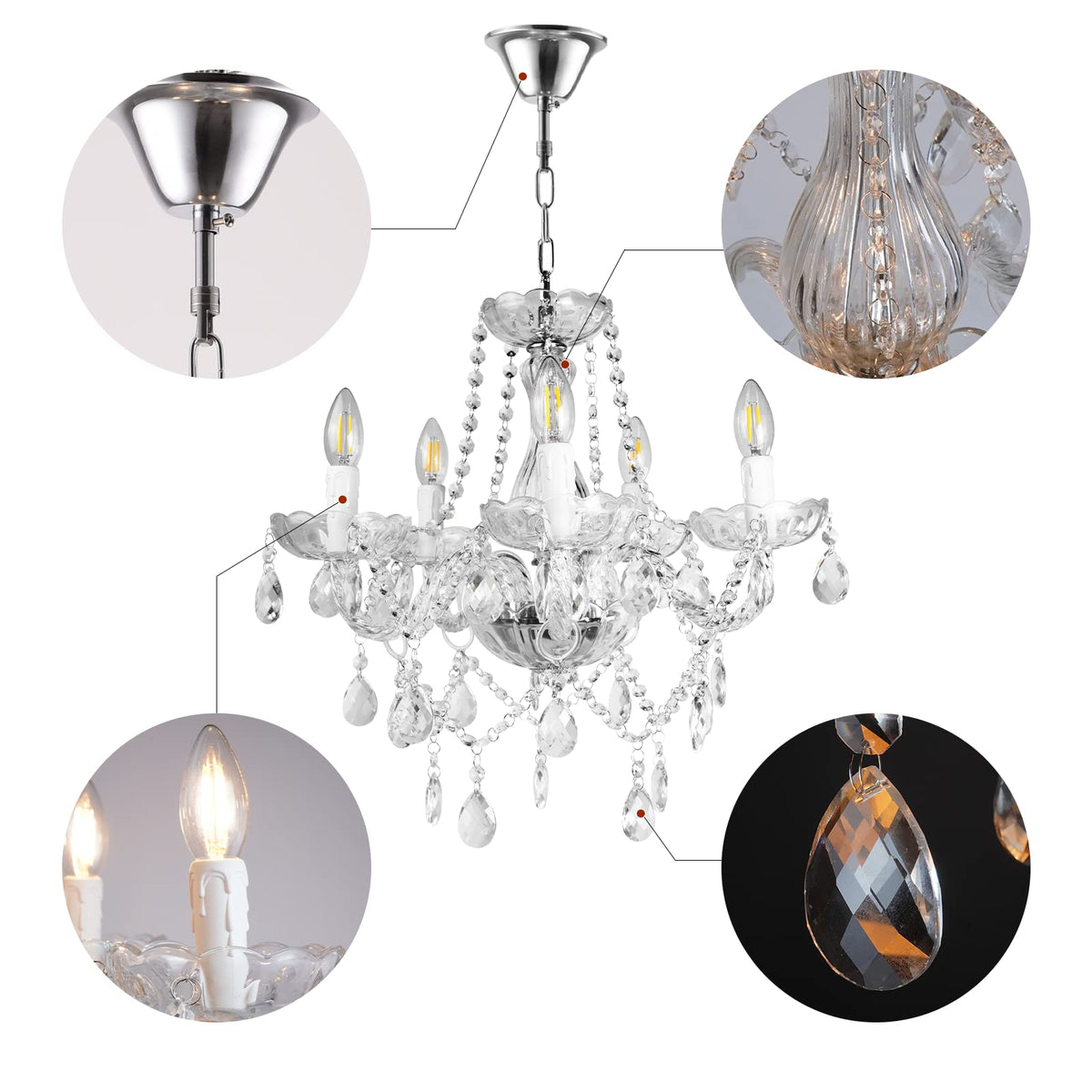 Modern Crystal Chandelier 5 Lights Candle Farmhouse Pendant Light Fixture L48xW48cm Luxury Glass Ceiling Lights Vintage Chandeliers for Dining Room Living Room Kitchen Bedroom Bulbs Included