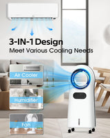 Evaporative Air Cooler, Bladeless Cooler Fan with 3 Modes 3 Speeds Air Conditioner Fan for Bed Room, Office, 3L Water Tank, 8H Timer, 120° Oscillating, 2 Ice Boxes