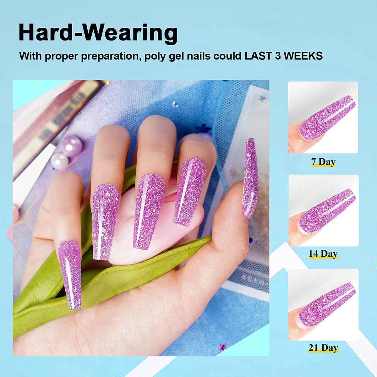 Poly Gel Nail Extension Kit with Lamp, 10 Glitter Colors Quick Nail Builder Gel Enhancement Set, Easy Poly Nail Gel Kits with Rhinestones, Nail Forms for Starters DIY Nail Art