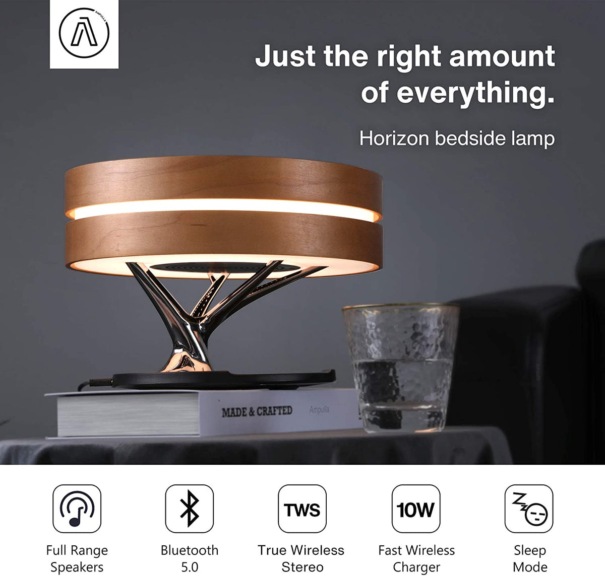 Ampulla Horizon Bedside Lamp with TWS Bluetooth Speaker and 10W Wireless Charger, Table Lamp Desk Lamp with Digital Clock, Stepless Dimming and Sleep Mode for Light Sleeper