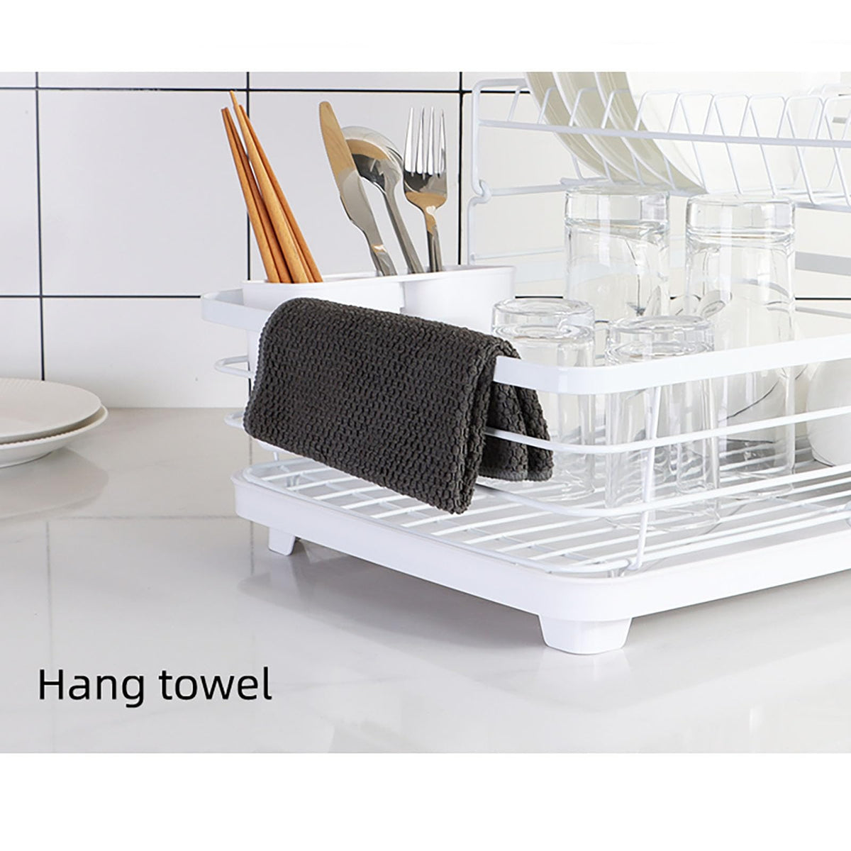 43 cm White 2-Tier Dish Drying Rack with Rotating Drain Spout