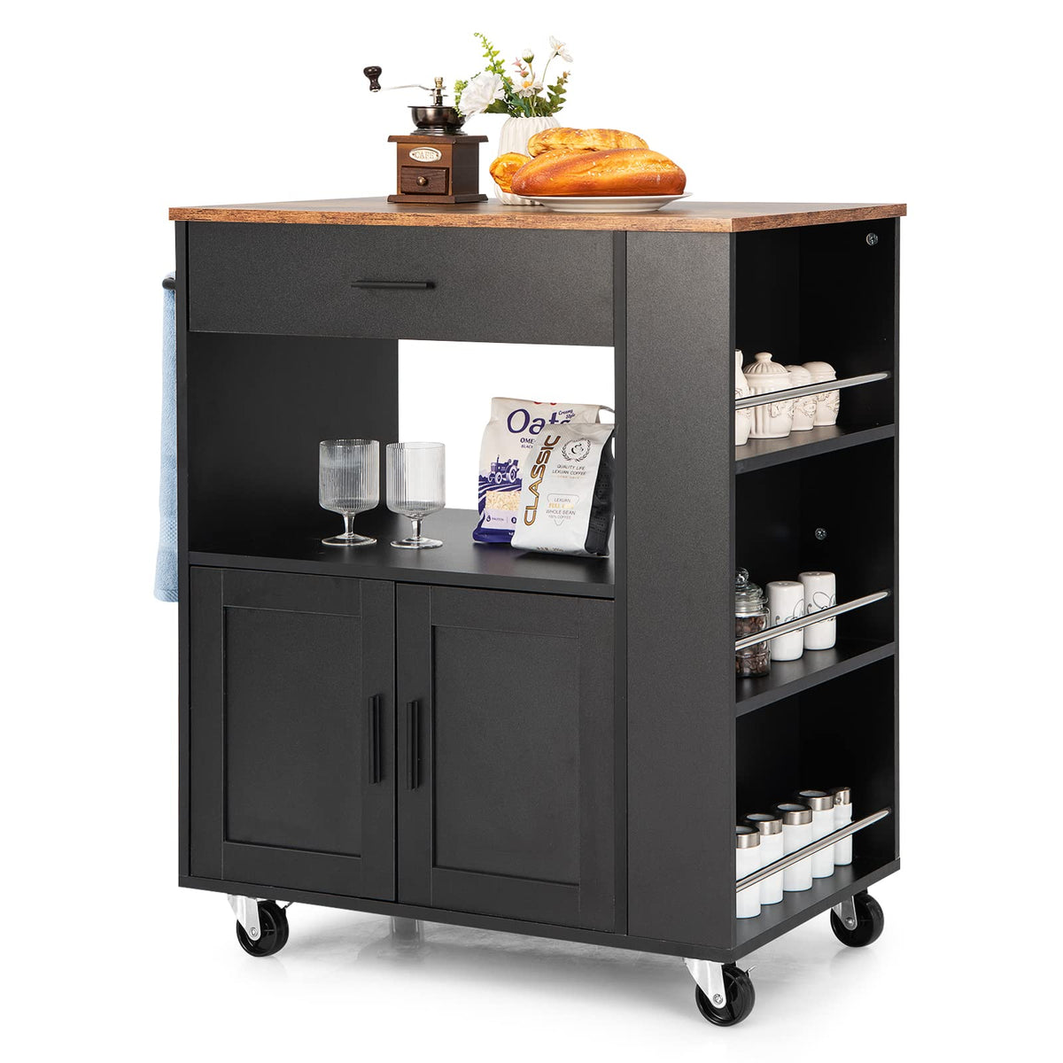 Black Rolling Kitchen Island with 3-Tier Spice Rack