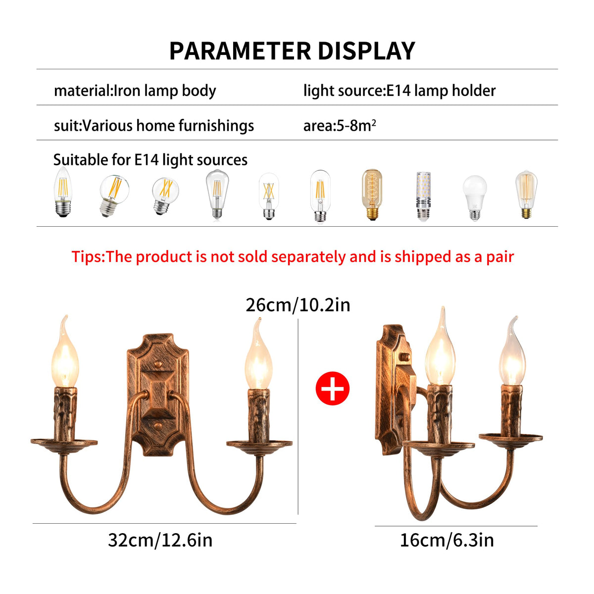 Wall Lights 2 Metal Wall Sconce Vintage French Country Wall Lamp E14 Bronze Suitable for Bedroom Bedside, Hallway, Fireplace, Aisle, Foyer, Living Room (2 Packs)