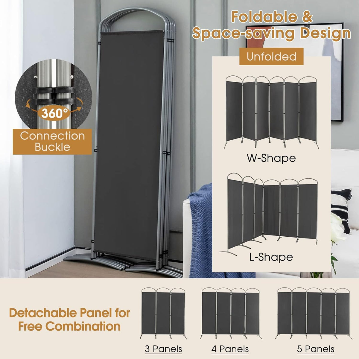 188cm Folding 6-Panel Room Divider – 4 Colours