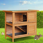 Two-Compartment Fir-Wood Small-Animal Hutch with 2 Sliding Trays
