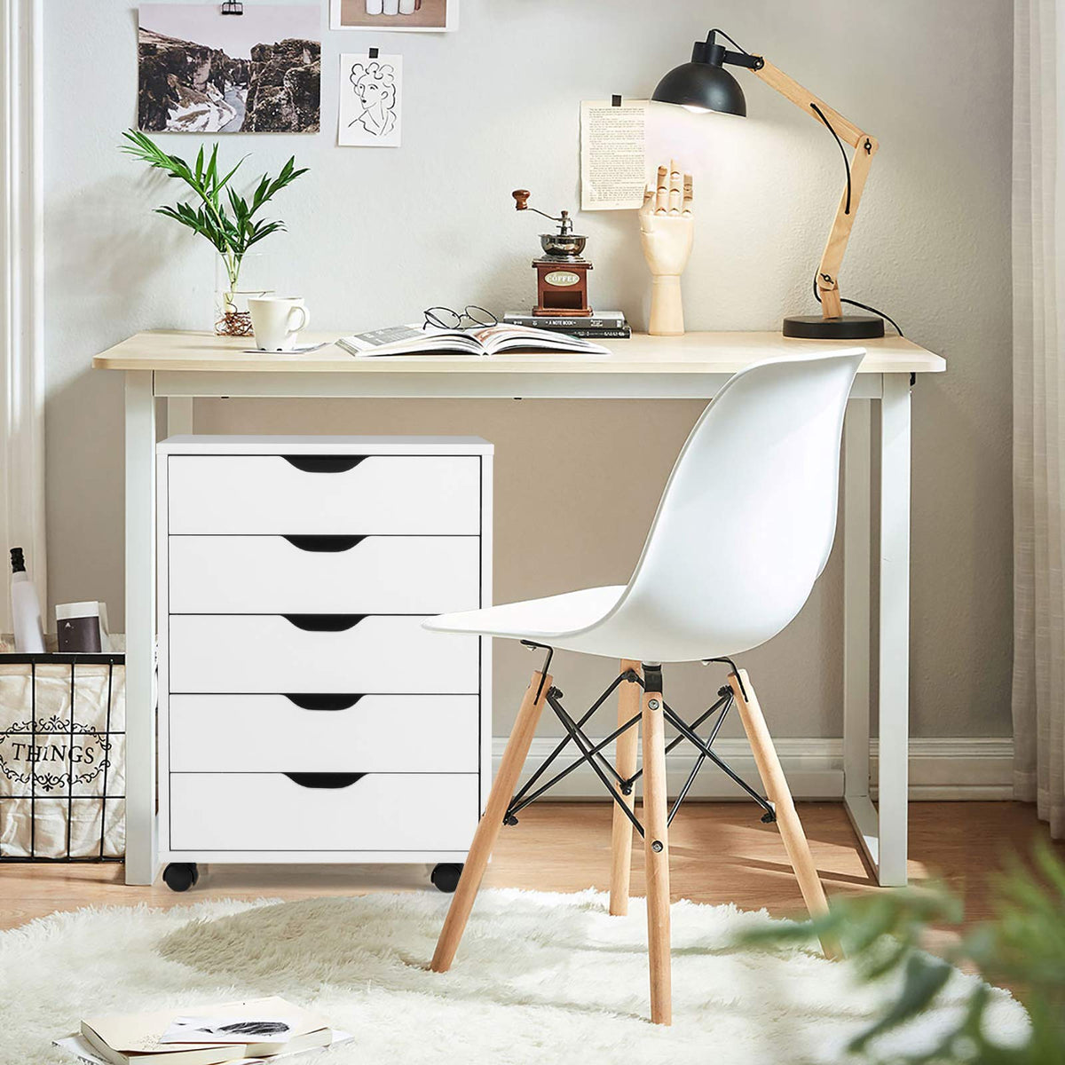 5-Drawer File Cabinet, Side Cabinet File Pedestal w/ 4 Castors, Wood Under Desk Drawer, Storage Cabinet Organiser, Compact Chest of Drawers Dresser, Mobile File Cabinets for Home Office, White