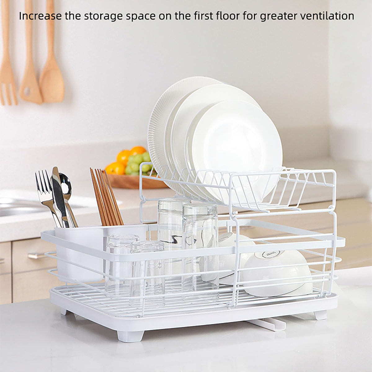 43 cm White 2-Tier Dish Drying Rack with Rotating Drain Spout