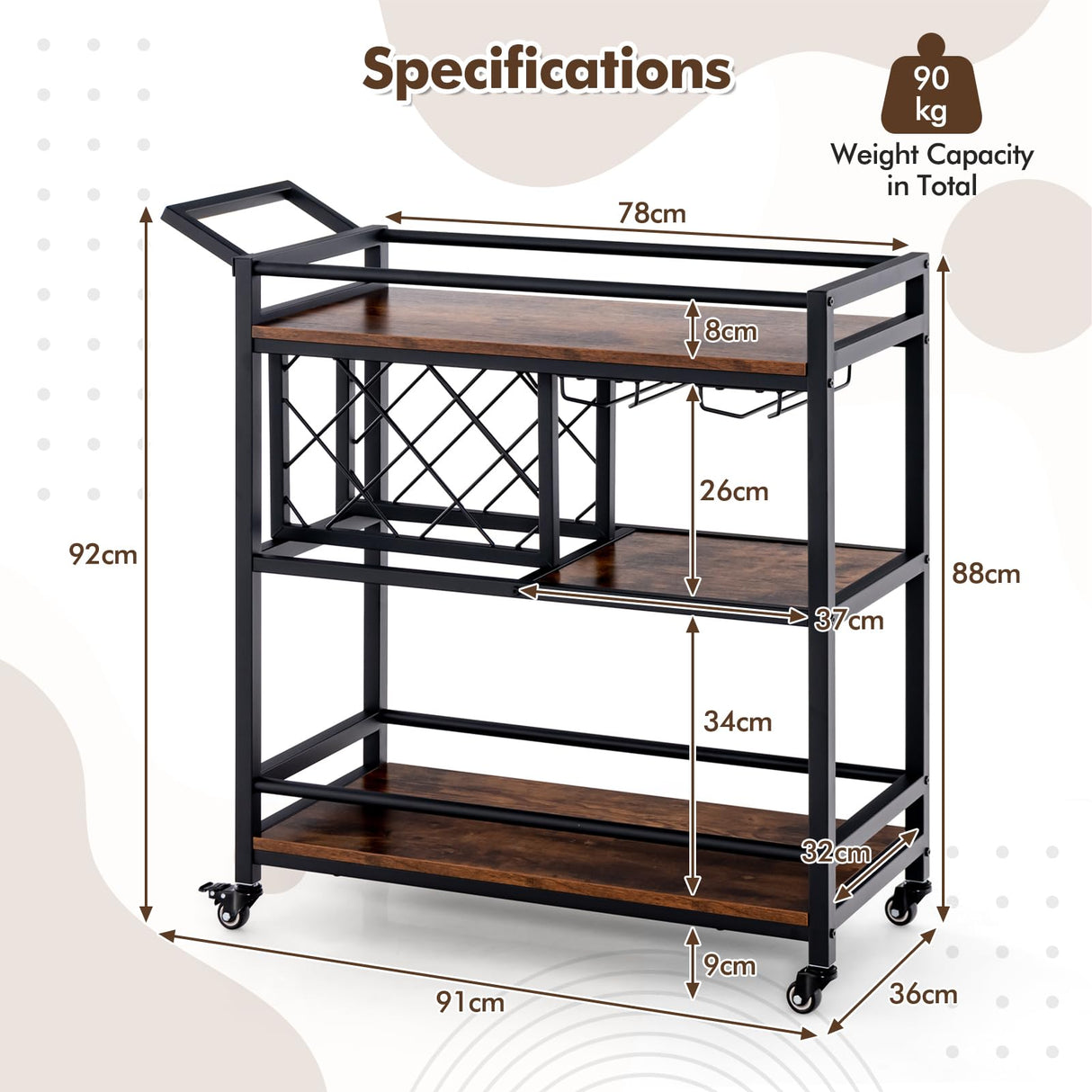 3-Tier Bar Cart on Wheels, Serving Cart w/Wine Rack & Glasses Holder, Heavy-Duty Metal Frame Mobile Drink Cart, Rolling Beverage Storage Cart w/Lockable Wheels for Kitchen, Dining Room