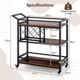 3-Tier Bar Cart on Wheels, Serving Cart w/Wine Rack & Glasses Holder, Heavy-Duty Metal Frame Mobile Drink Cart, Rolling Beverage Storage Cart w/Lockable Wheels for Kitchen, Dining Room