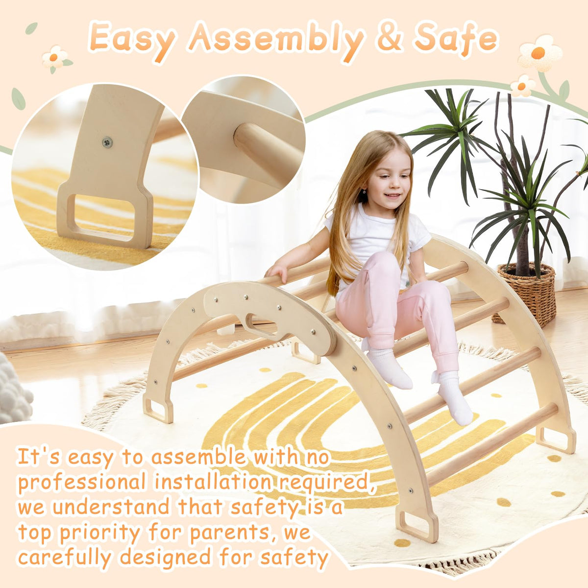 Kids Climber Arch Rocker with Cushion Pad Black，Montessori Climber Indoor Climbing Toys for Kids, Arch Climber Wooden Indoor Playground for Climbing (Small Arch Climbing with Cushion)