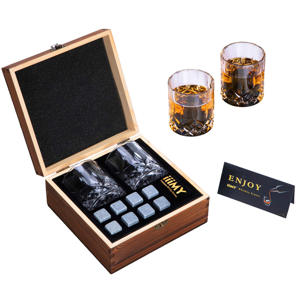 Whisky Stones and Glasses Gift Set, Whisky Rocks Chilling Stones in Handmade Wooden Box– Cool Drinks without Dilution – Whisky Glasses Set of 2, Gift for Dad, Husband, Men – iiiMY