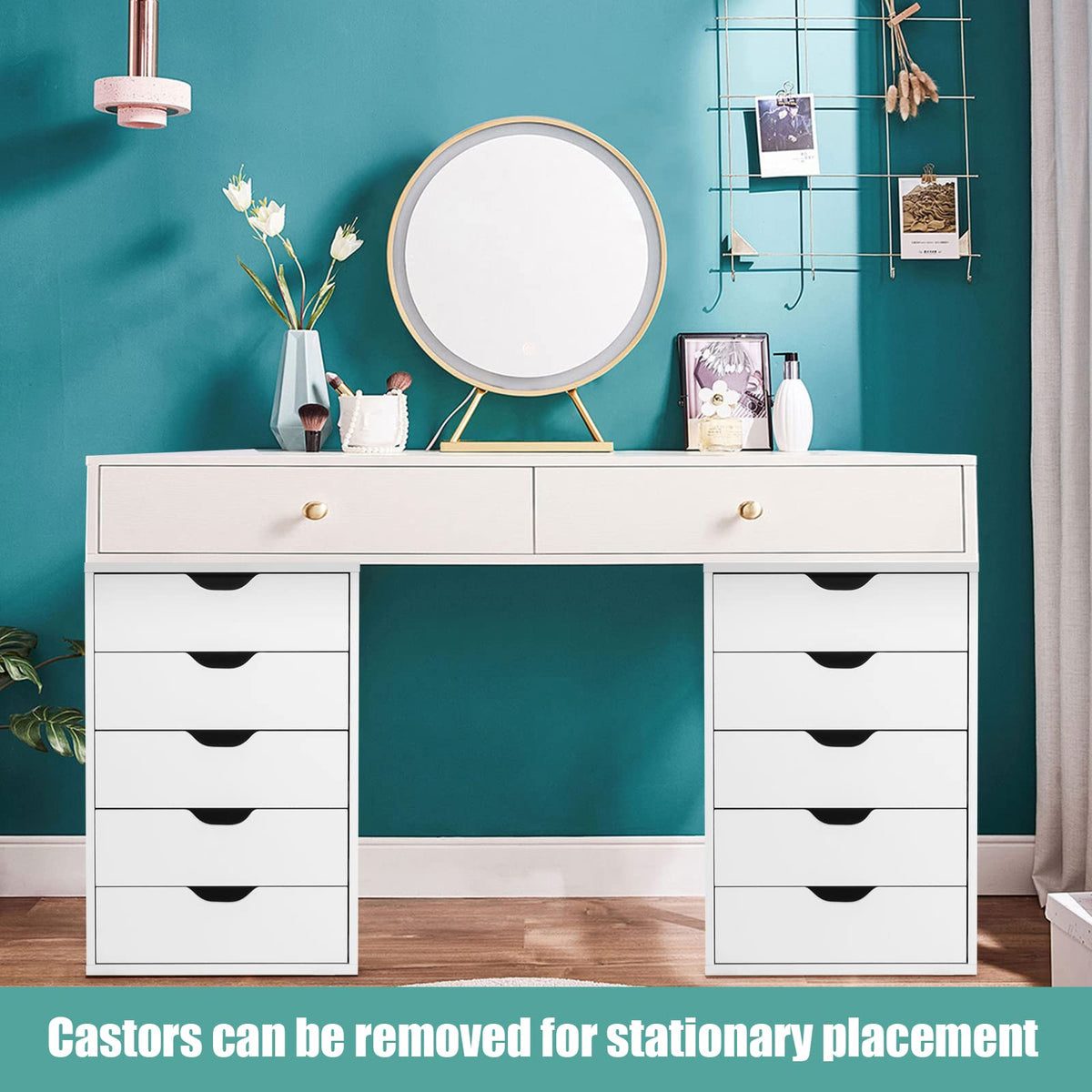 5-Drawer File Cabinet, Side Cabinet File Pedestal w/ 4 Castors, Wood Under Desk Drawer, Storage Cabinet Organiser, Compact Chest of Drawers Dresser, Mobile File Cabinets for Home Office, White
