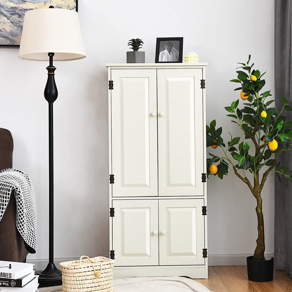 Freestanding Storage Cabinet, Antique Low Floor Cabinet, Pantry Cabinet Wooden Cupboard Organizer w/Adjustable Shelf & Anti-Tilt Design, for Living Room Bedroom Bathroom