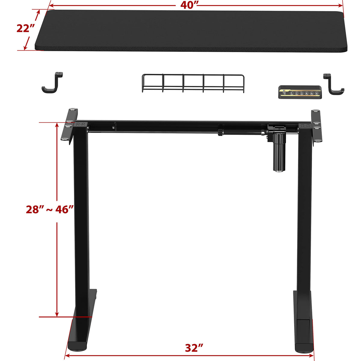 Small Electric Height Adjustable Sit Stand Desk with Hanging Hooks and Cable Management, 40 x 22 Inches, Black Frame and Black Top