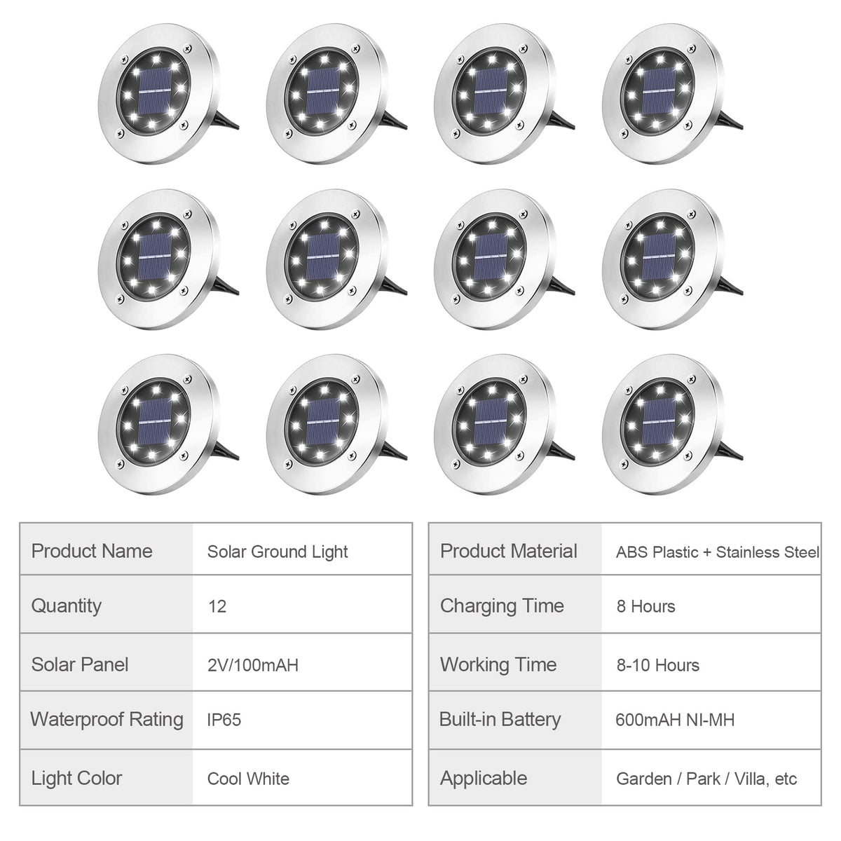 12 Pack Solar Garden Light, Waterproof Solar Ground Disk Light, Outdoor Garden LED Solar Ground Lights for Pathway/Patio/Walkway/Path/Driveway/Lawn/Landscape Lighting (White)