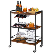 3-Tier Bar Cart with 4-Bottle Rack & 6-Glass Holder