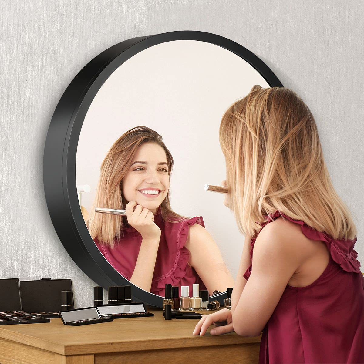 Luxsuite Mirror Bathroom Cabinet Round Medicine Vanity Round Wall Mirrored Cupboard with Storage Sliding Door Black 60cm Diameter