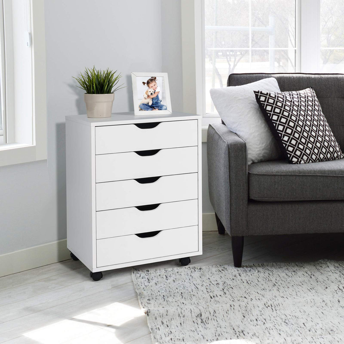 5-Drawer File Cabinet, Side Cabinet File Pedestal w/ 4 Castors, Wood Under Desk Drawer, Storage Cabinet Organiser, Compact Chest of Drawers Dresser, Mobile File Cabinets for Home Office, White