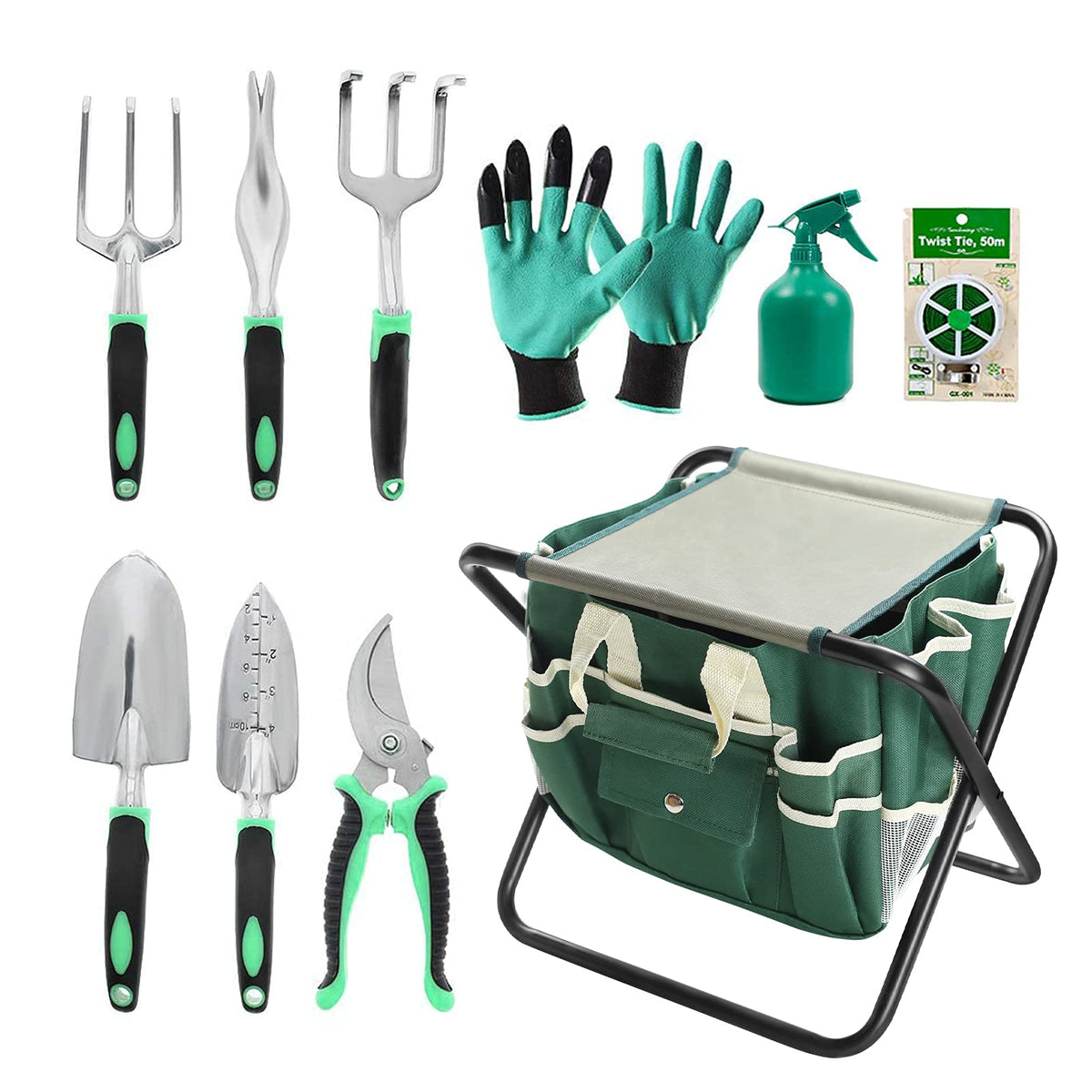 11-Piece Garden Tool Set with Folding Stool & Tote