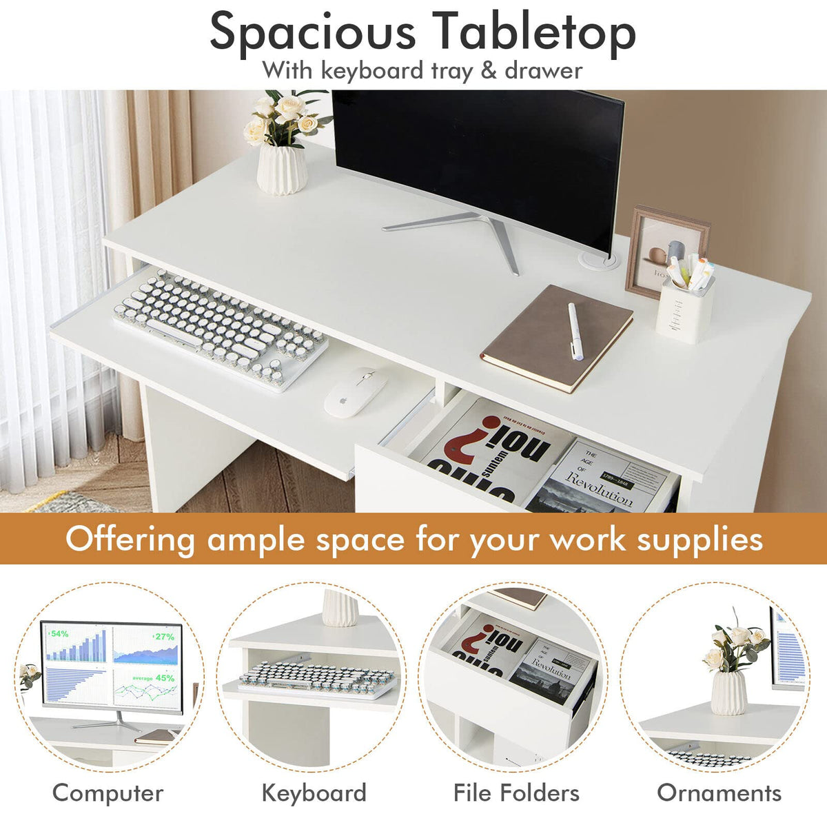 Computer Desk with Drawer, Keyboard Tray & Shelves