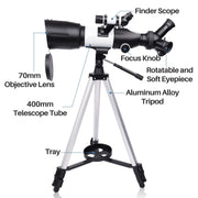 Telescope, 70mm Aperture 400mm AZ Mount Astronomical Telescope for Astronomy Beginners Kids Adults - Portable Travel Telescope with Carry Bag Upgraded Tripod and Phone Holder for Photography