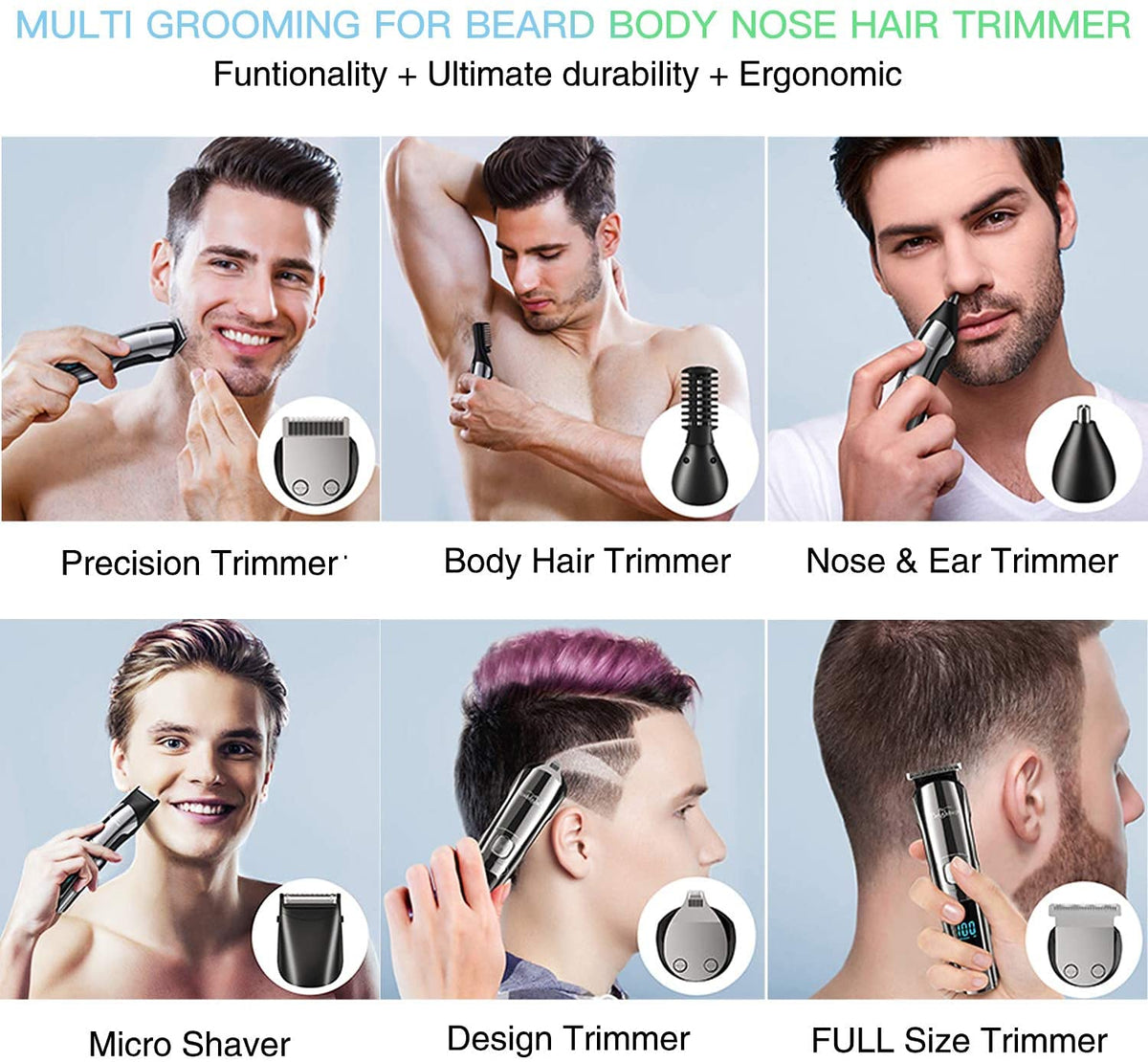Beard Trimmer, Cordless Hair Clippers Hair Trimmer for Men, Waterproof Body Mustache Nose Ear Facial Cutting Groomer, Electric Shaver All in 1 Grooming Kit, USB Rechargeable & LED Display