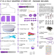 Cake Decorating Supplies Kit for Beginners, Set of 137, Baking Pastry Tools, 1 Turntable stand-55 Numbered Icing Tips with Pattern Chart, Angled Spatula, 8 Russian Piping nozzles-Baking Tools