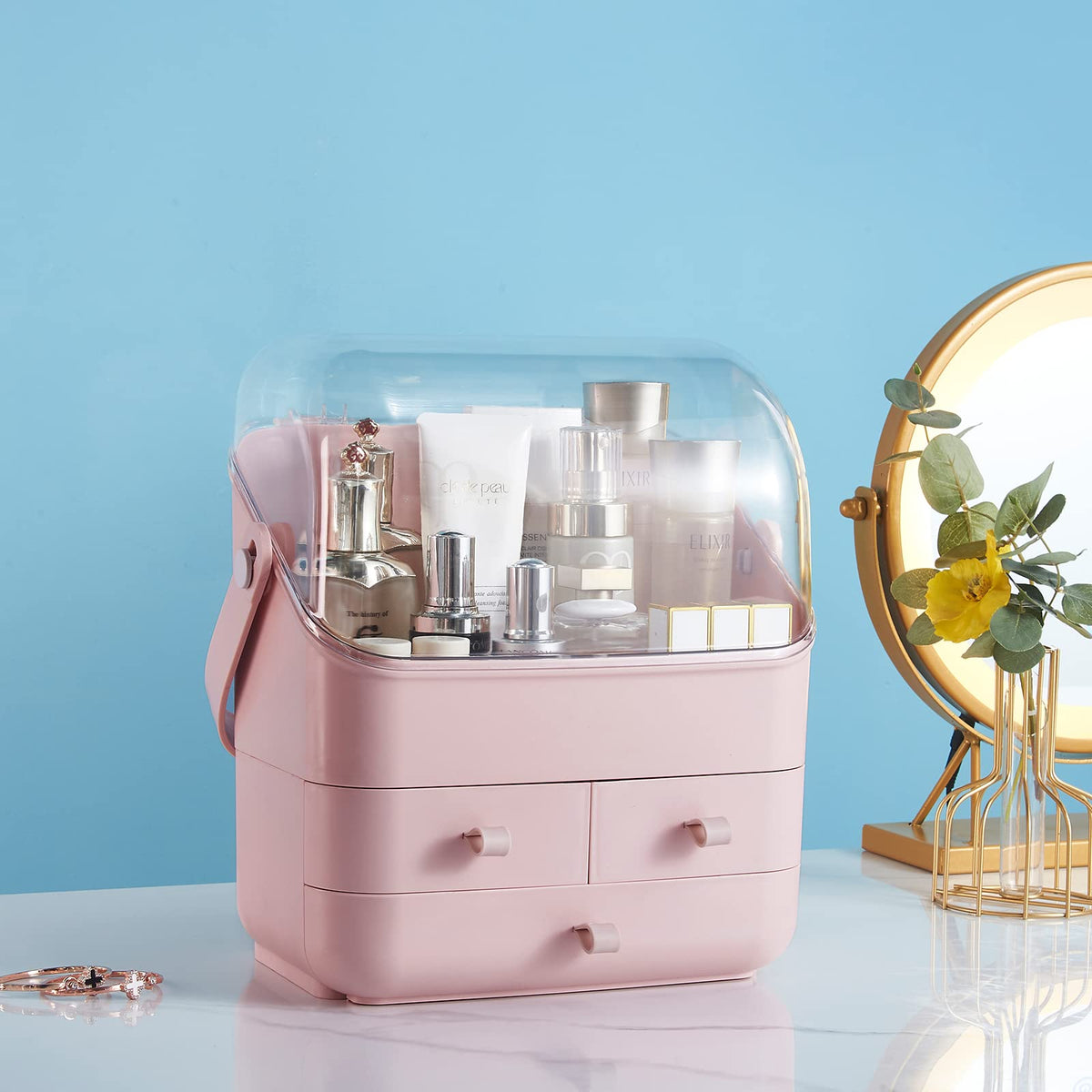 Covered Pink Makeup Organiser with 3 Drawers & Handle