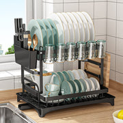 42 cm Black 2-Tier Dish Rack with 360° Drain Spout