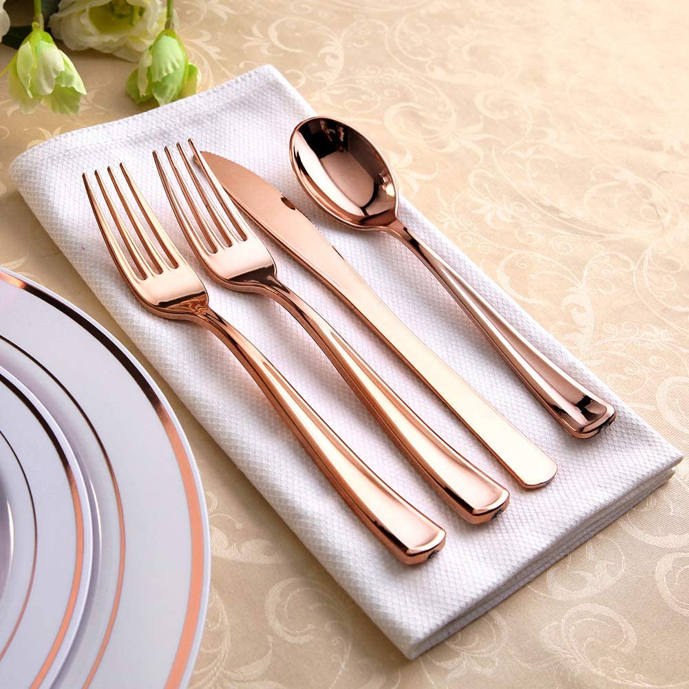 200 Pieces Disposable Dinnerware Set Include Rose Gold Plastic Plates, Rose Gold Silverware, Rose Gold Cups, Linen Like Paper Napkins, Service for 25 Guests, Enjoylife (Rose Gold)