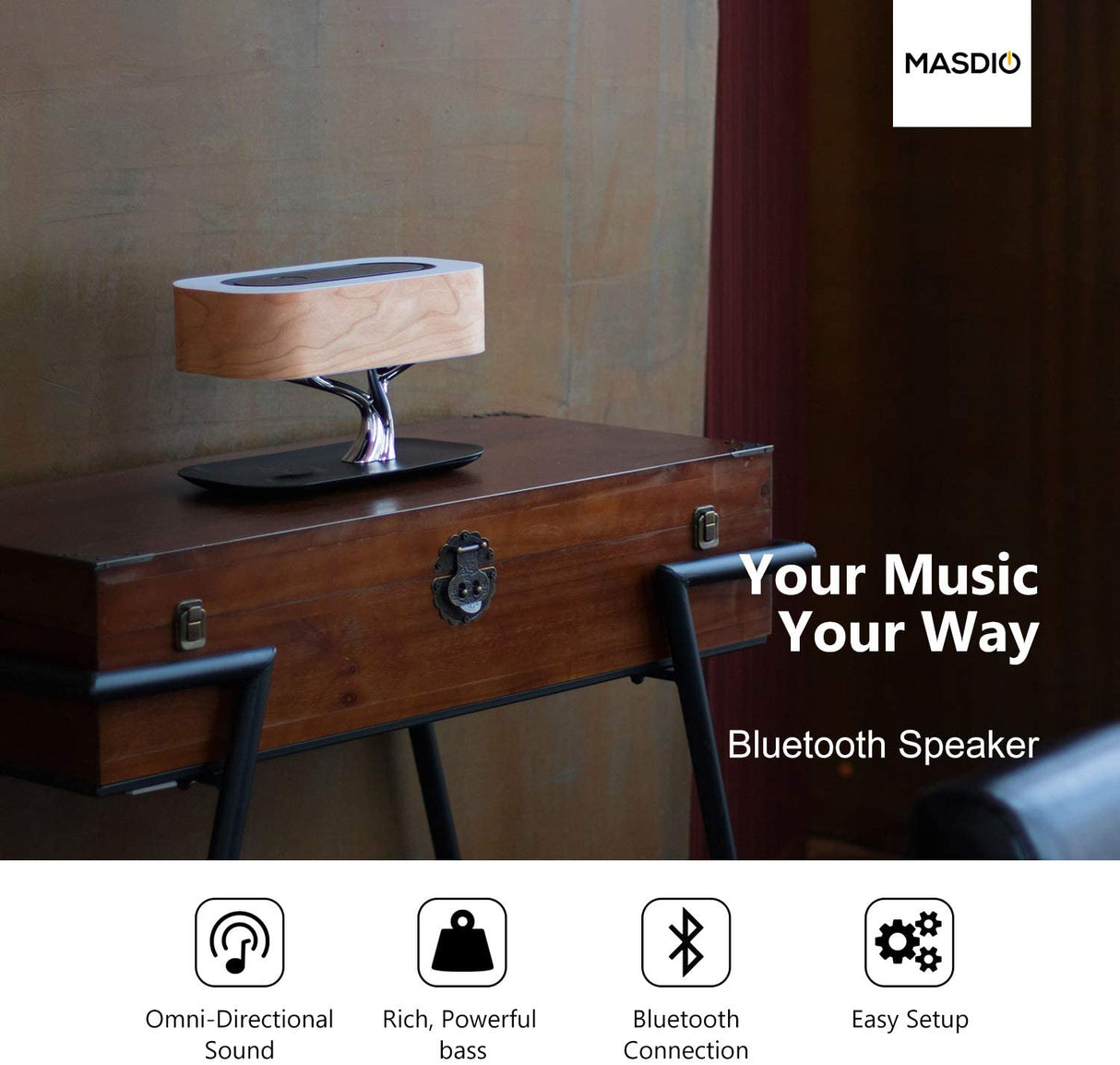 Bedside Lamp with Bluetooth Speaker and Wireless Charger, Sleep Mode Stepless Dimming (Exclusive), QR-8 20W, 5V