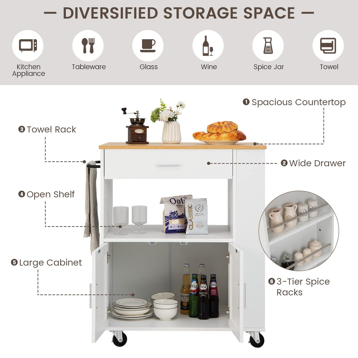 White Rolling Kitchen Island with 3-Tier Spice Rack