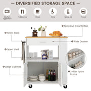 White Rolling Kitchen Island with 3-Tier Spice Rack