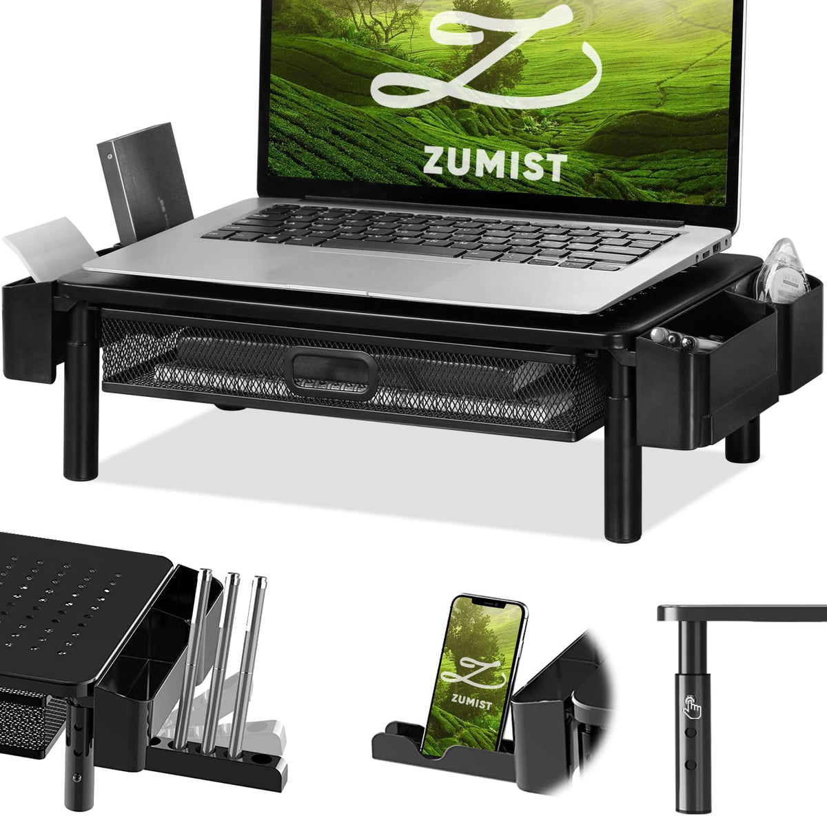 Zumist 3-Height Metal Monitor Riser with Drawer & Holders