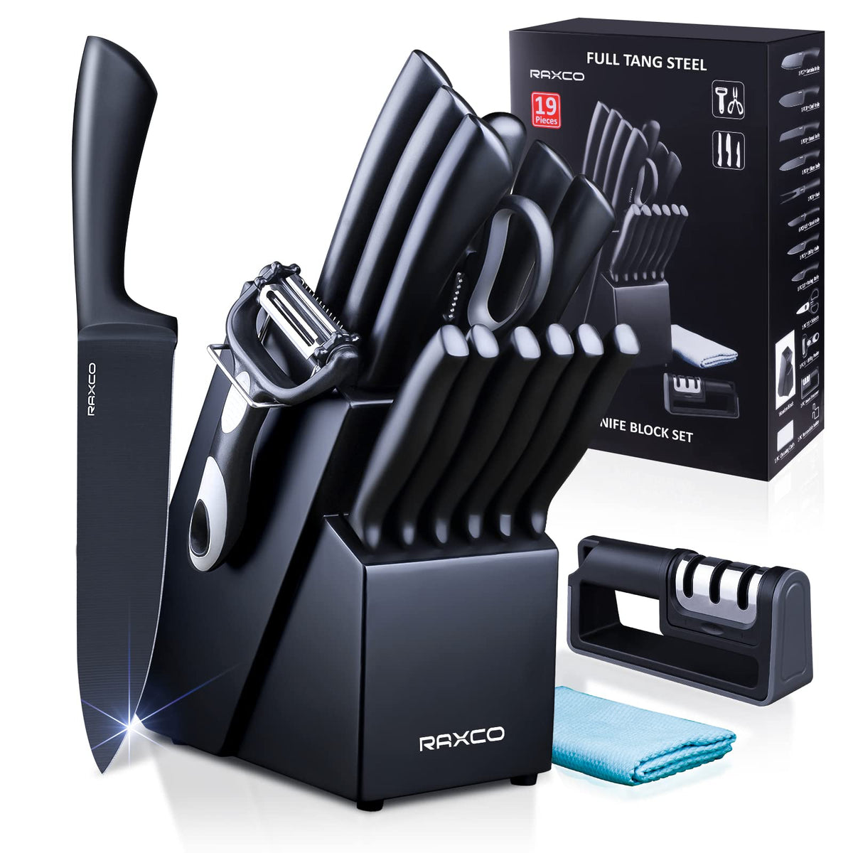 19-Piece Black Kitchen Knife Set with Oak Storage Block