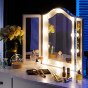 Vanity Lighted Tri-fold Makeup Mirror with 10 Dimmable LED Blubs, Touch Control Lights Tabletop Hollywood Cosmetic Mirror