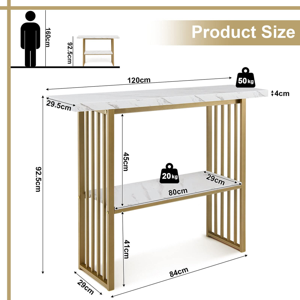 2-Tier Faux-Marble Console Table – White & Gold