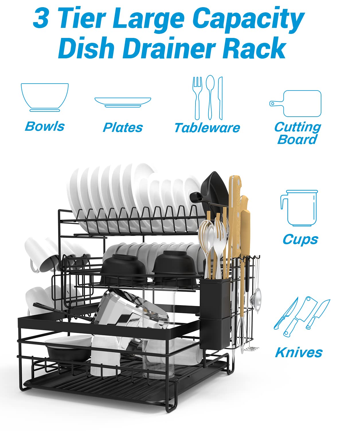 3-Tier Black Dish Rack with Removable Drip Tray & Holders
