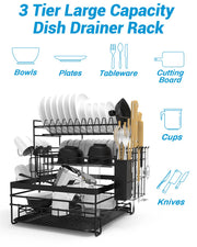3-Tier Black Dish Rack with Removable Drip Tray & Holders