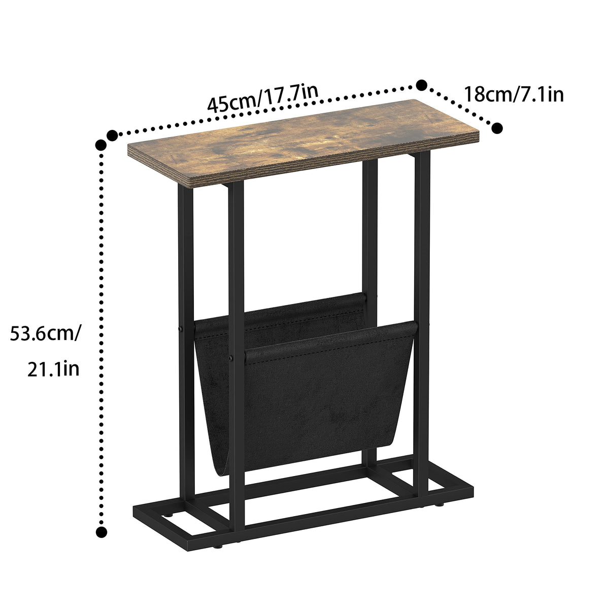 Gadroad Narrow End Side Table, Vintage Sofa Couch Table with Pocket, C Shaped Table for Coffee Snack Laptop, Rustic Brown.